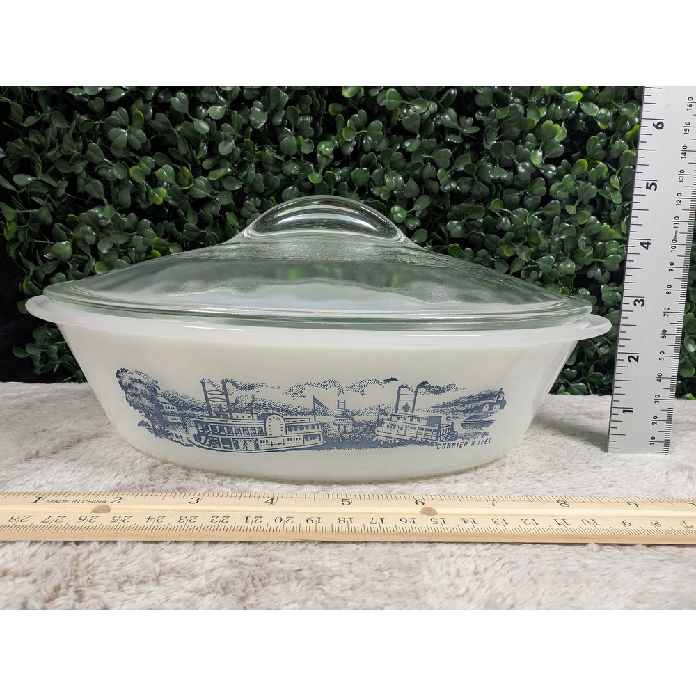 Vtg Glasbake Currier & Ives Blue Steamboat Milk Glass Oval Casserole Dish w/ Lid